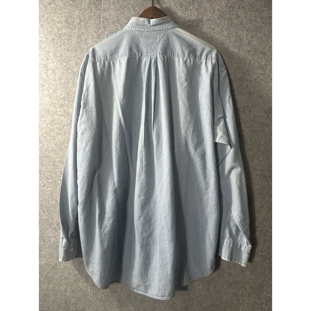 Vintage Tommy Jeans Light Blue Chambray Button Down Shirt Crest Logo Sz‎ Lrg - Picture 7 of 8